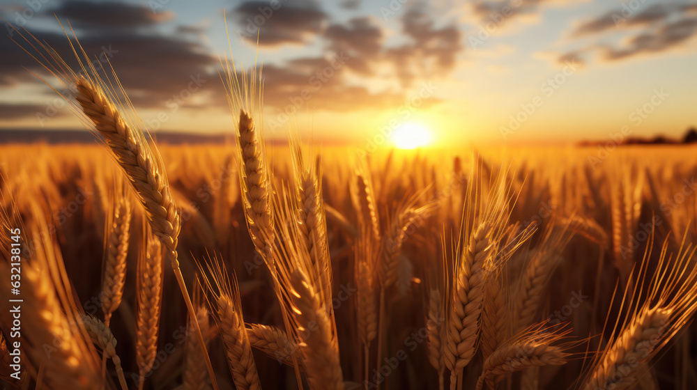 Wheat field at sunset with a warm golden light. Wheat field at sunset with a warm golden light.