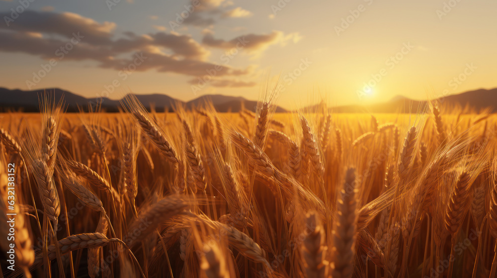 Wheat field at sunset with a warm golden light.
