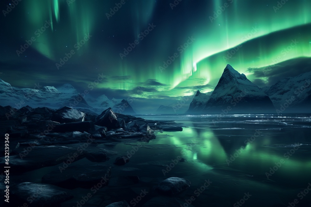 Northern lights at night mountains. Beautiful illustration picture. Generative AI