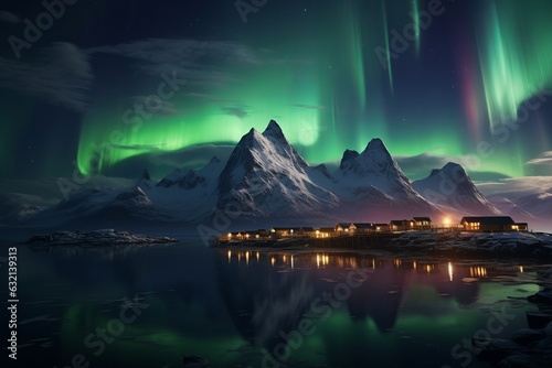 Northern lights at night mountains. Beautiful illustration picture. Generative AI