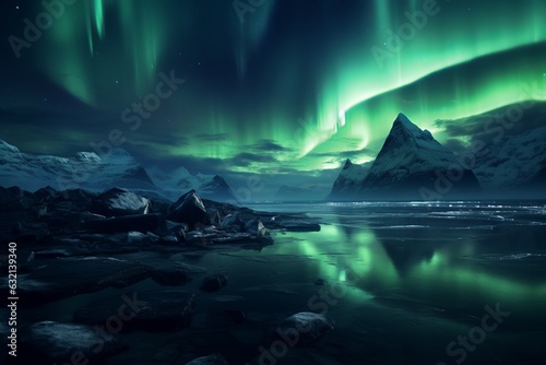 Northern lights at night mountains. Beautiful illustration picture. Generative AI © standret