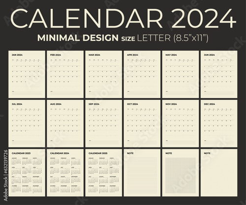 Modern monthly calendar note and planner for 2024, the week starts on Sunday, calendar in the style of minimalist design, letter (8.5" x 11") size.