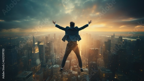 successful businessman jump happily over his office in the morning sunrise. 