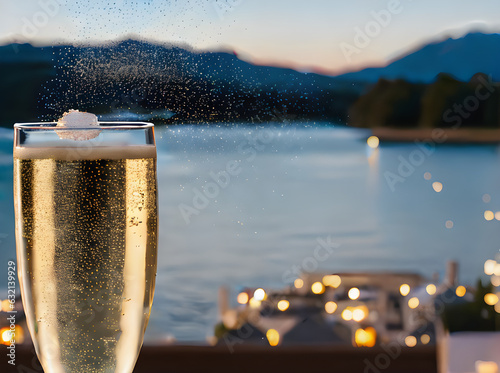 Realistic wedding champagne splash long shot sharp photo