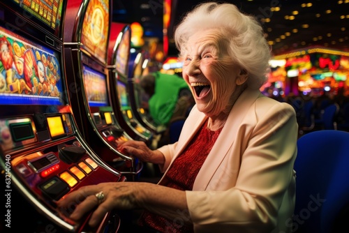 Happy grandmother play lot machines. Beautiful illustration picture. Generative AI