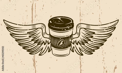 Coffee paper cup with wings vector illustration in vintage style on background with removable grunge textures