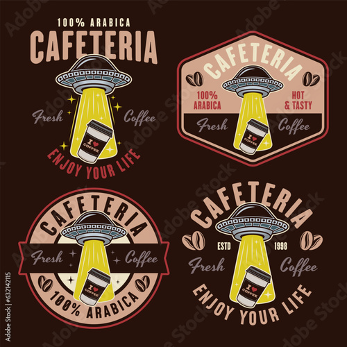 Cafeteria set of vector emblems, logos, badges or labels with ufo stealing coffee paper cup in colored style on dark background