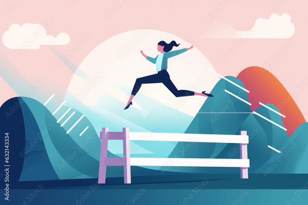Overcoming obstacles. A female manager jumps over obstacle like hurdle race. Business  concept illustration, Generative AI