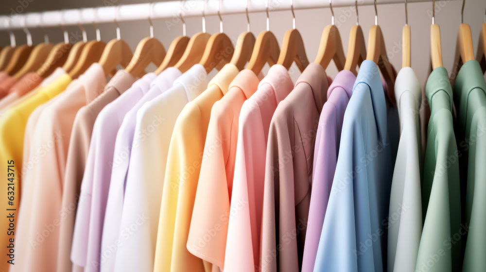 Clothes on clothing rack. Pastel colorful closet in shop Clothes on clothing rack. Pastel colorful closet in shop