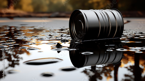 Black crude oil barrel and reflective oil spill with a dark. Park blur background. photo