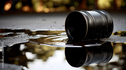 Black crude oil barrel and reflective oil spill with a dark. Park blur background. photo
