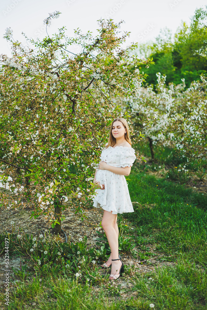 A young pregnant woman in a white dress walks in a blossoming apple orchard. Happy pregnant woman. Happy future mother