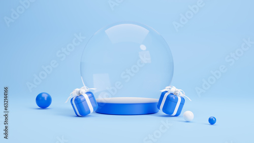 Christmas snow empty glass christmas ball with ornaments for blue product display. Template round podium studio space for objects festive design. concept scene stage showcase, 3D render illustration