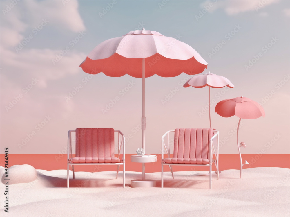 summer vacation retro sand chair sun pink parasol umbrella holiday. Generative AI.