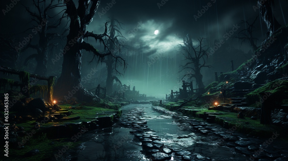Gloomy fantasy forest scene at night with glowing lights.