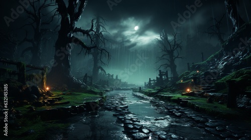 Gloomy fantasy forest scene at night with glowing lights. © 121icons