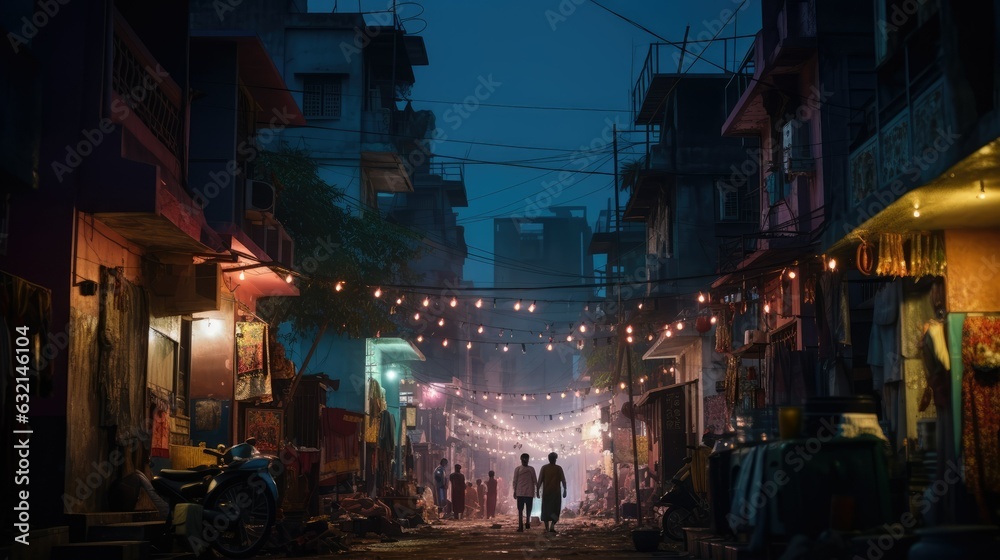 street photography view of illuminated homes and streets during the Diwali festival