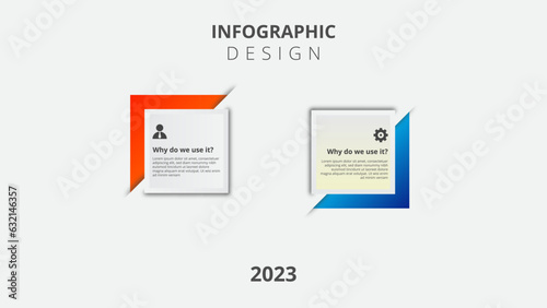 Two numbered rectangular frames placed in horizontal row. Concept of 6 stages of marketing strategy. Modern flat infographic design template. Simple vector illustration for business presentation.