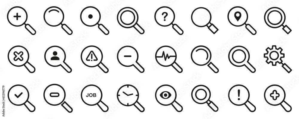 Magnifying glass loupe icon collection. Set of black magnifying glass signs. Search, zoom, look, find symbol collection