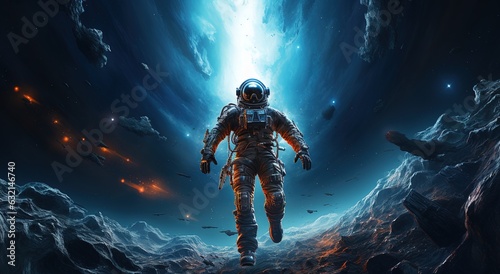 An astronaut on an alien planet in front of the light of the space-time portal. exploration of the science fiction universe.