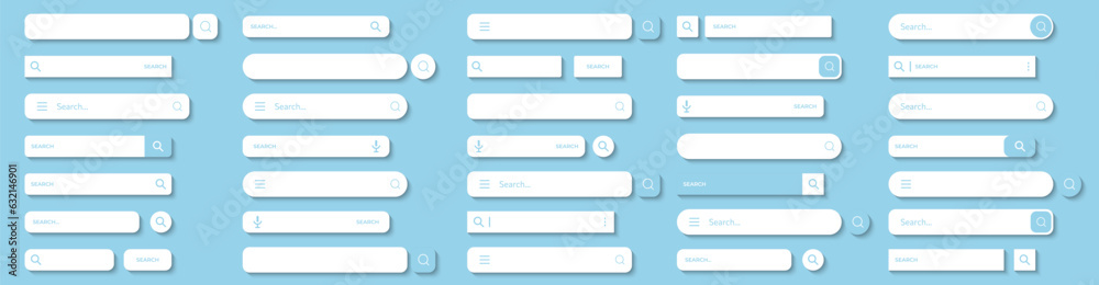 Search bar, search boxes collection with shadow. Set of search bar elements for browser with text field and search button. Search bar frame with magnifier icon Search bar, search boxes collection with shadow. Set of search bar elements for browser with text field and search button. Search bar frame with magnifier icon
