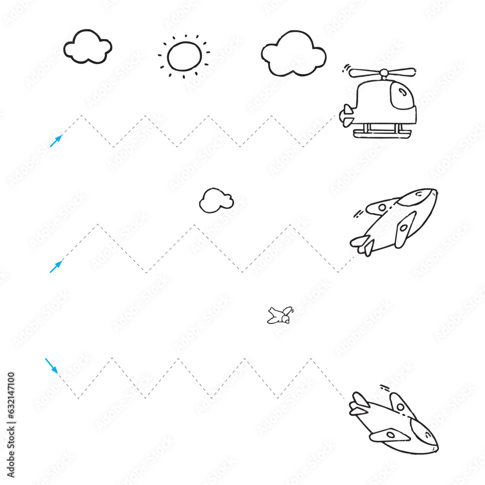 Tracing lines. Drawing worksheet for kids. Simple educational game for children. Vector illustration. Tracing lines. Drawing worksheet for kids. Simple educational game for children. Vector illustration.