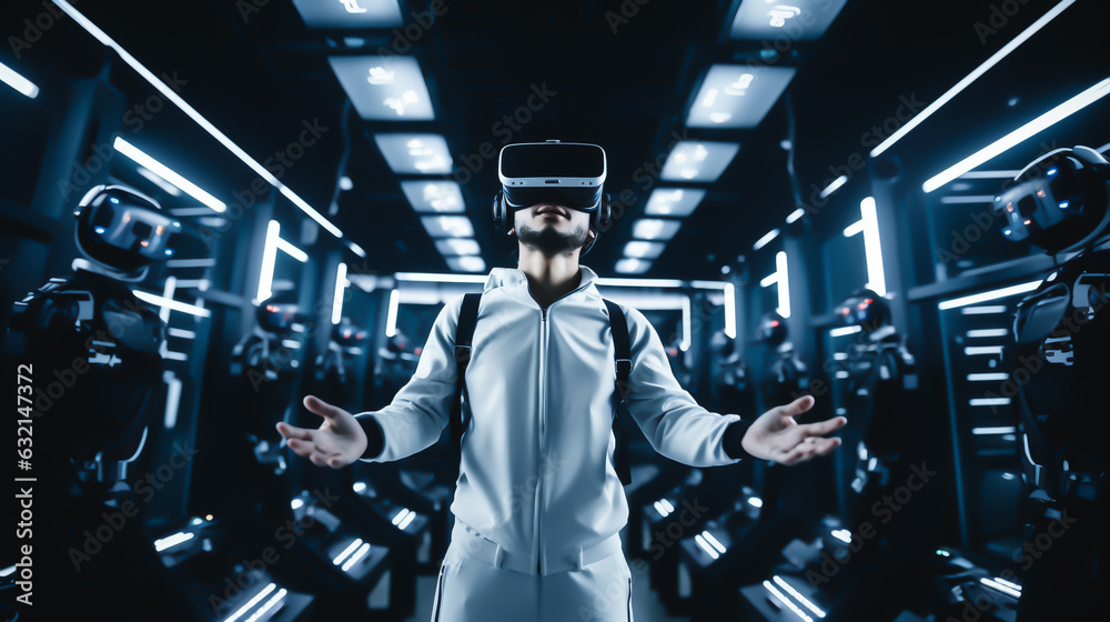 Fototapeta premium man in virtual reality glasses made with generative AI