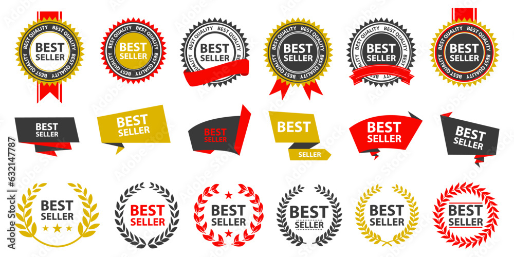 Obraz premium Best seller sticker, label, banner, ribbon collection. Set of best seller emblem for sale, special offer, promotion, advertising