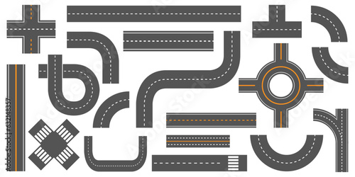 Street road on top view collection. Set of street road on top view. Cartoon road collection