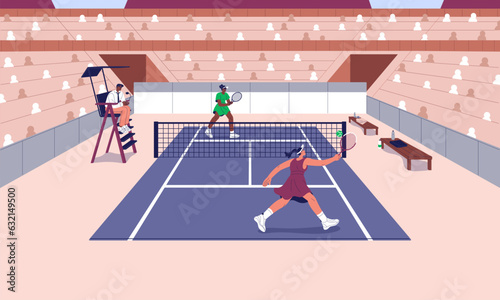 Tennis players. People play summer sport game with racket on court on female championship. Professional sportsmen hit ball racquet, referee comment exciting match from tower. Flat vector illustration