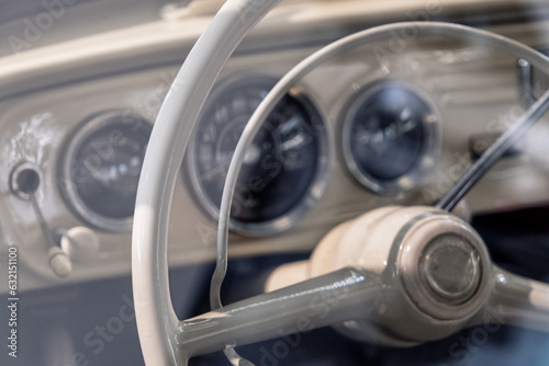 Steering wheel and dashboard of old car