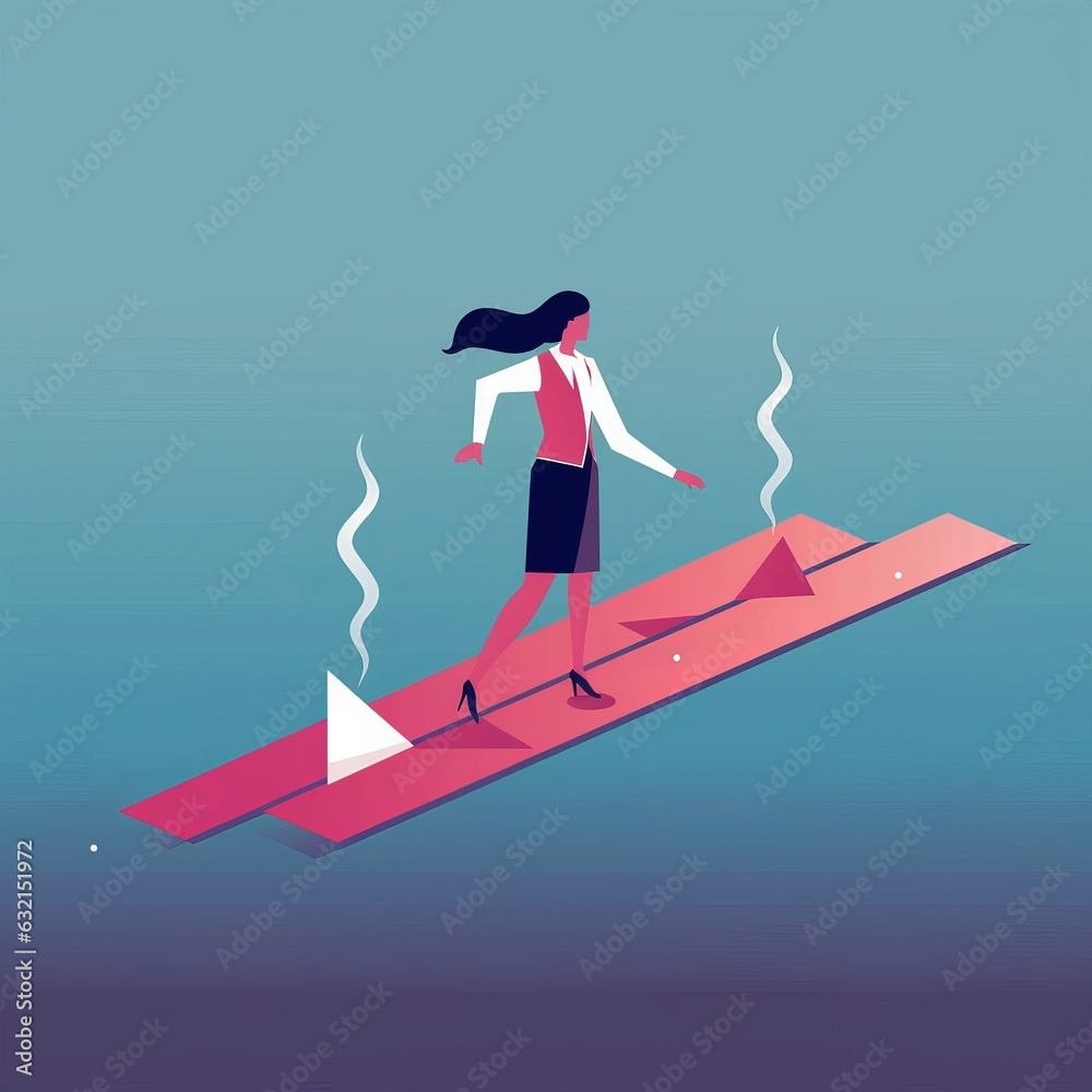 Female leader stands on arrows and points direction forward. Concept business illustration, Generative AI