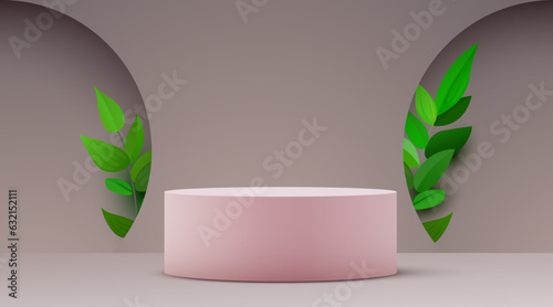 Abstract eco scene background. Cylinder podium with leaves. Product presentation, mock up, show natural cosmetic product. Podium, stage pedestal or platform.