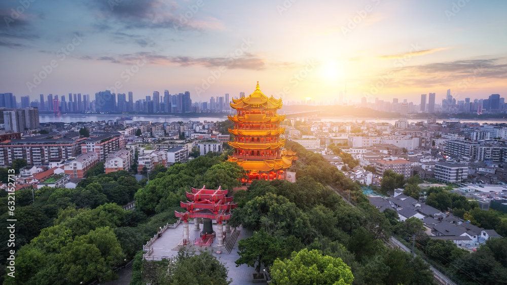 Under the sunset, Wuhan Huanghelou Ancient Building Landscape Aviation