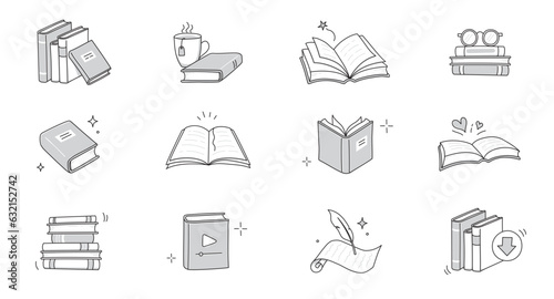 Book line doodle icon set. Hand drawn sketch doodle style line icon book, diary. Open library, reading, school education doodle concept icon. Blue pen line style stroke. Vector illustration.