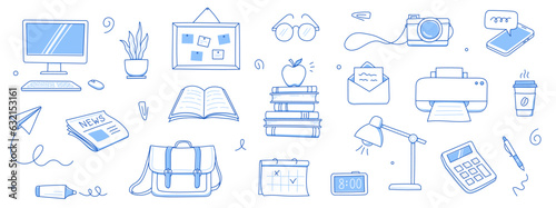 Office work doodle set. Office computer, work desk, notebook doodle icon. Hand drawn blue sketch style illustration. Business, school education hand drawn elements. Vector illustration.