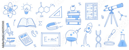 Doodle science, education school icon. Hand drawn sketch style doodle science background. School chemistry, physics education, biology concept icon. Hand drawn line vector illustration.
