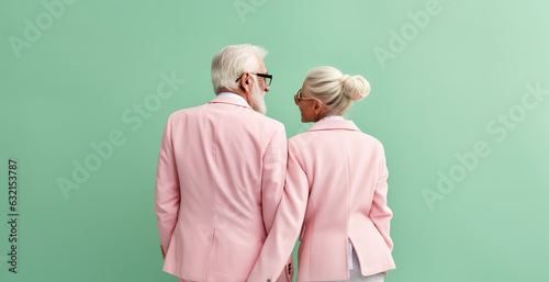 Senior white couple in love matching outfit in pastel pink green mint colors. Trendy old couple back view. Copy space for text, flat lay. photo
