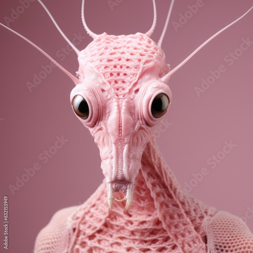 Giant humanized praying mantis portrait dressed pink knitted clothes. Parallel worlds. Aliens. AI generated art. Knitted pet