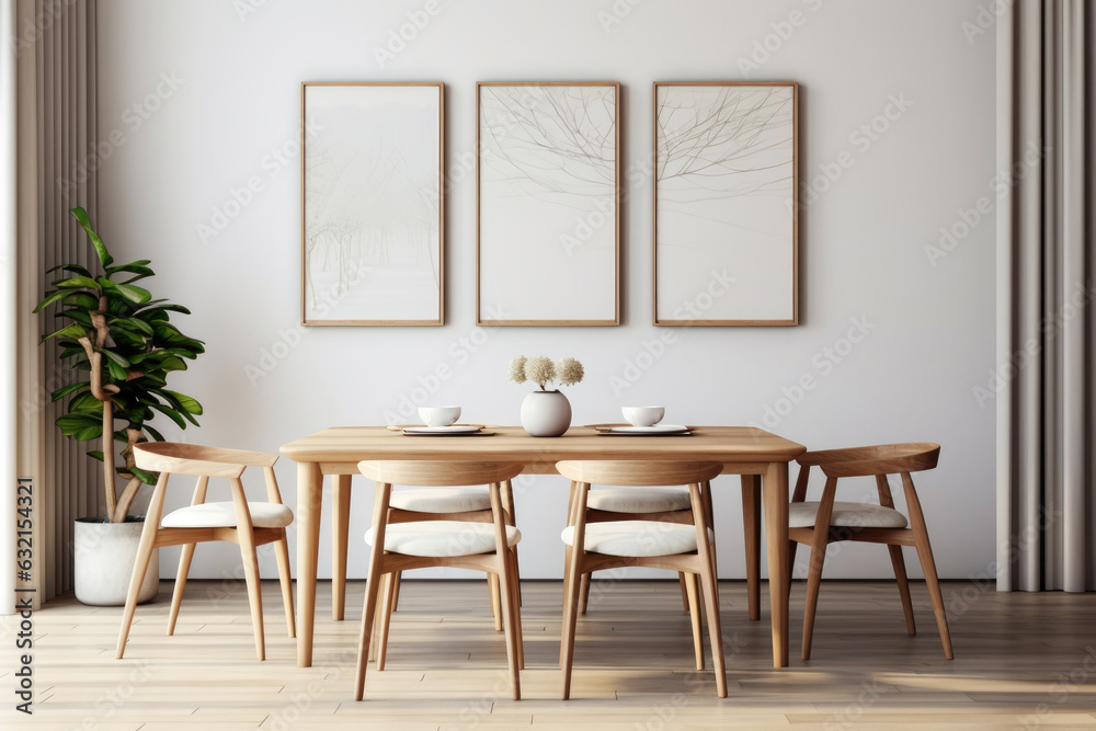 The interior of a modern kitchen and living room with a dining table and frames on the wall The interior of a modern kitchen and living room with a dining table and frames on the wall