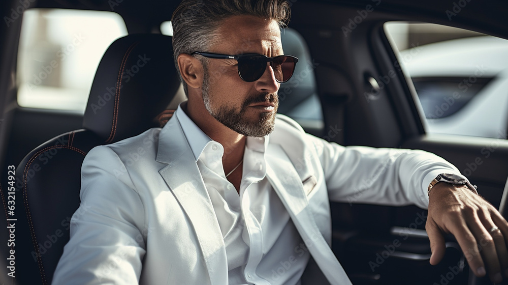 portrait man in suit, sits in luxurious car interior made with generative AI