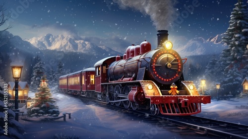 A snowy scene with a train for a festive christmas illustration.
