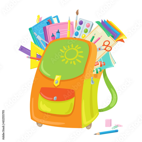 Big school bag with school supplies. Items for children's education. In cartoon style. Isolated on white background. Vector flat illustration