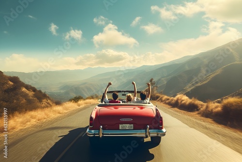 Classic Road Trip: Friends in Red Convertible Enjoying the Hills