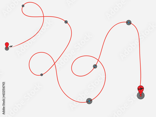 Airplane line routes. Path for a flight trip. Travel itinerary from start point. Plane complicated route. Airplane line trace.	