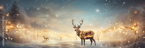 A festive deer sparkles with lights in a winter wonderland. Generative AI
