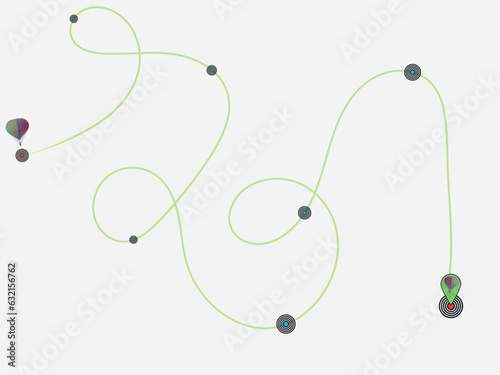 hot airballoon line routes. Path for a flight trip. Travel itinerary from start point. Balloon complicated route.  