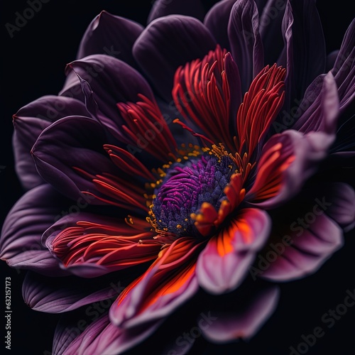 purple and red flower with a yellow center on a black background