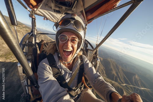 A close-up shot of a hang glider pilot's intense expression as they navigate the skies, showcasing the excitement and adventure of the sport. Generative Ai photo