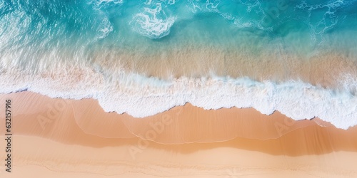 Travel and vacation concept. Aerial view of beautiful landscape with clear blue ocean. Summer paradise. Top view of tropical beach with turquoise water and white sandy shore